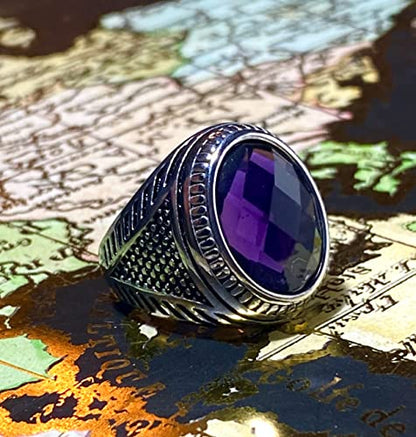 Men's Round Oval Turkish Engraved Silver Retro Vintage Stainless Steel Turquoise Onyx Women's Sapphire Lapiz Lazuli Blue Purple Stone Biker Carved Signet Punk Ring Stone Silver Ring, Anillos De Hombre