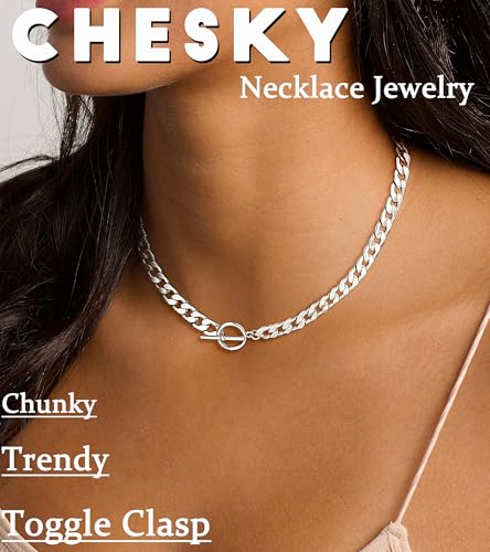 CHESKY 14K Gold Plated Chunky Necklace for Women, Trendy Toggle Clasp | Statement Pendant Necklace, Layered Paperclip Chain, Toggle Clasp Design, Thick Gold Chain, Non Tarnish Everyday Jewelry - color: silver, style: cuban
