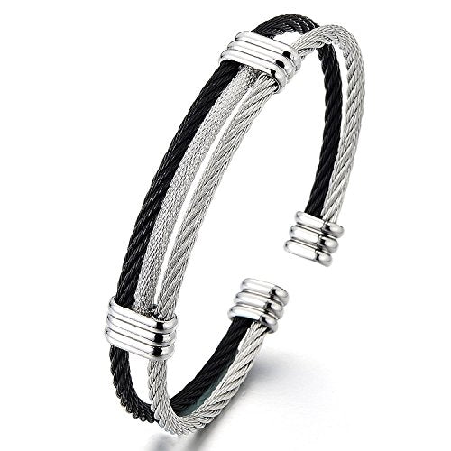COOLSTEELANDBEYOND Men Women Stainless Steel Twisted Cable Adjustable Cuff Bangle Bracelet - color: F-Metal Color: Silver & Black