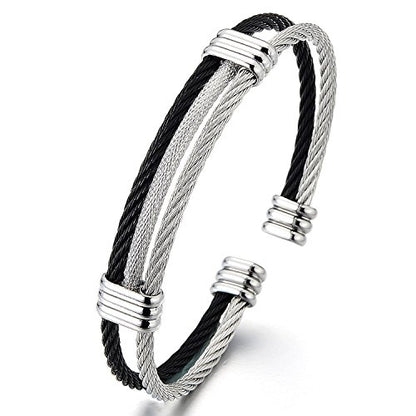 COOLSTEELANDBEYOND Men Women Stainless Steel Twisted Cable Adjustable Cuff Bangle Bracelet - color: F-Metal Color: Silver & Black
