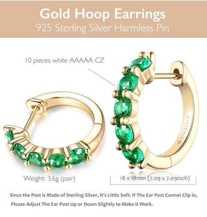 Evabelle Gold Hoop Earrings for Women 14K Real Gold Plated Cubic Zirconia Diamond Hoop Earrings Huggie Hoop Earring Women Earrings Earring for Men 925 Sterling Silver Post Hypoallergenic - color: Hoops 05-Emerald-14K Gold Plated
