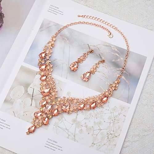CSY Elegant Crystal Costume Jewelry Sets Flower Bridal Necklace Earrings Stretch Bangle Set for Bride Bridesmaid Wedding Dress Accessories - color: peach crystal-rose gold tone
