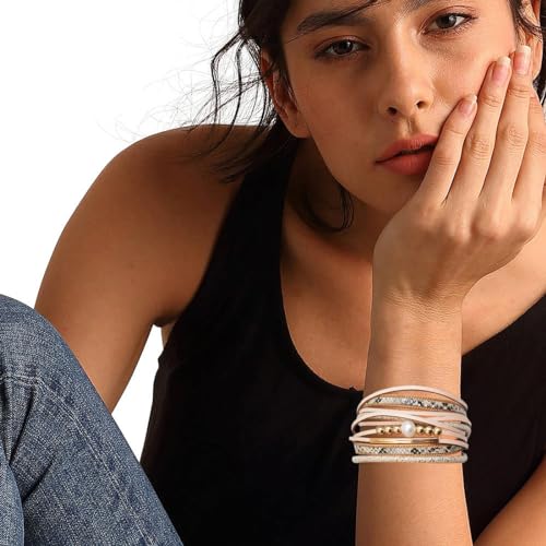 Multi-layer Leather Bracelets Multi-strand Wrap Bracelets Handmade Braided Rope Cuff Bangle with Magnetic Buckle Jewelry - color: Snake