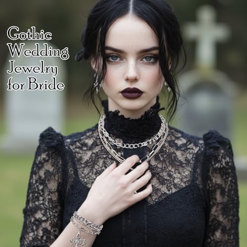 Tondiamo 3 Pcs Gothic Jewelry Set Cross Necklace for Women Goth Earrings Bracelet Layered Y2k Choker Costume Accessory - color: Silver, style: Gothic Cross