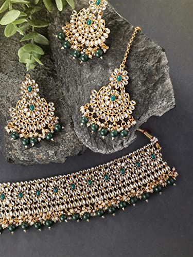 Aheli Faux Pearl Choker Necklace with Earrings Indian Traditional Bollywood Jewelry Set Gift for Women - color: Green