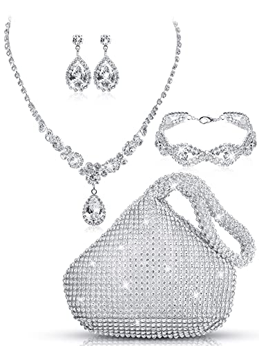 4 Pcs Silver Clutch Purse Jewelry Set for Women Rave Accessories Evening Rhinestone Purse Silver for Bride Wedding - style: Modern Style