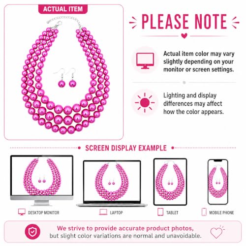 Simulated Pearl Necklace & Earring Set, Multi Strand - color: Hot Pink
