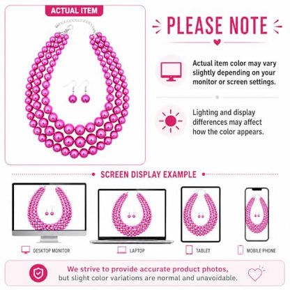 Simulated Pearl Necklace & Earring Set, Multi Strand - color: Hot Pink