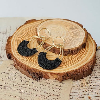 Raffia Hoop Earrings for Women Fun Boho Summer Beach Earrings Lightweight Handmade Straw Wicker Rattan Dangle Earrings Statement Geometric Round Drop Earrings - color: Black - Teardrop