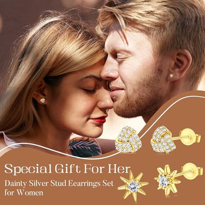 SAILIMUE Hypoallergenic Sterling Silver Stud Earrings for Women Men | Brilliant Heart Knot Round Cubic Zirconia Earring Studs for Sensitive Ears Gold Silver Tone - color: gold-C