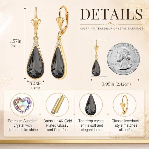 Teardrop Austrian Crystal Leverback Dangle Drop Earrings for Women | 14K Gold Plated,Classic Teardrop Elegance,Leverback for Easy Secure Wear,Gift Box Included, Brighten Up Daily and Party Looks - color: Black