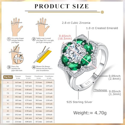 Flower Cocktail Ring for Women Stone Engagement Anniversary Rings | Sterling Silve|Hypoallergenic|Ruby|Sapphire|Emerald|Wedding and Birthday Party Women Statement Ring|Mother and Grandma Gift - color: Emerald (May)