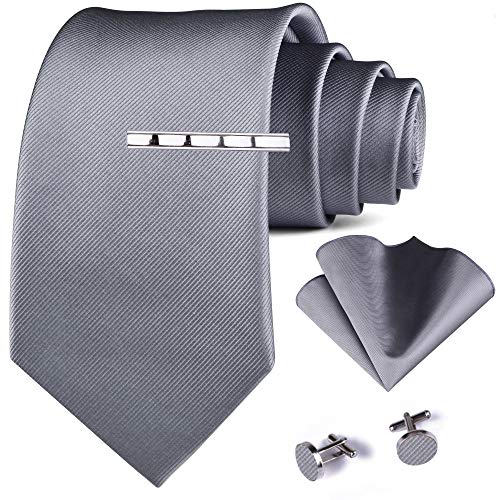 GUSLESON New 3.15"（8cm） Solid Color Necktie and Pocket Square Cufflinks Clip Set - color: Gray