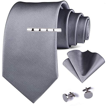 GUSLESON New 3.15"（8cm） Solid Color Necktie and Pocket Square Cufflinks Clip Set - color: Gray
