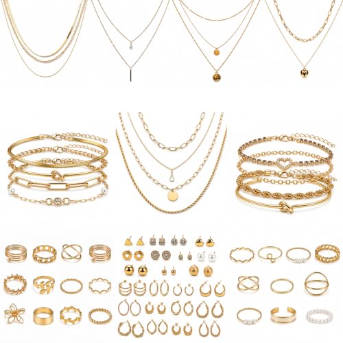 68-80 Pcs Jewelry Sets for Women, Gold Silver Bulk Jewelry Set with Rings Earrings Necklaces Bracelets, Hypoallergenic Fashion Jewelry Sets for Women Wedding Birthday Gifts - color: Gold 2