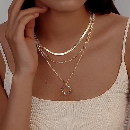 Evabelle Gold Layered Necklace for Women Trendy Jewelry 14K Real Gold Plated Chunky Chain Stackable Necklaces Dainty Choker Necklaces Rectangle Square Pendant - color: Gold Necklace 28