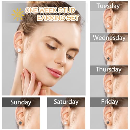 Silver Gold Black Stud Earrings Set 7Pairs Hypoallergenic Cubic Zirconia Titanium Stainless Steel Silver Rose Gold Black CZ Cartilage Stud Earrings Jewelry Sets for Women Men, 2-8mm CZ Stud Earrings - color: 7 Pairs Shiny Silver Black Stud Earrings