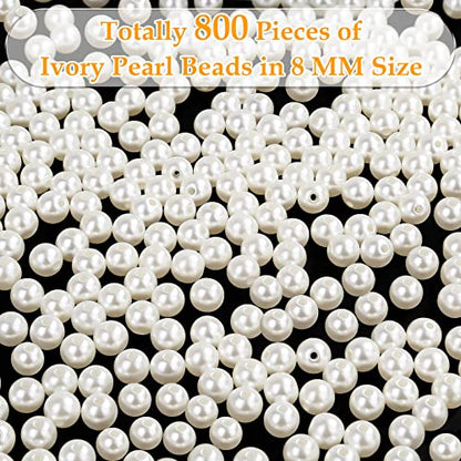 Anezus Ivory Faux Fake Pearls, 8 MM Sew on Pearl Beads with Holes for Jewelry Making, Bracelets, Necklaces, Hairs, Crafts, Decoration and Vase Filler, 800pcs - size: 8 MM