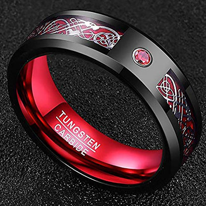 NUNCAD Men's Wedding Band 8mm Black Tungsten Carbide Ring Celtic Dragon Inlay Polished Finish Size 5-15 - color: A-Black & Red