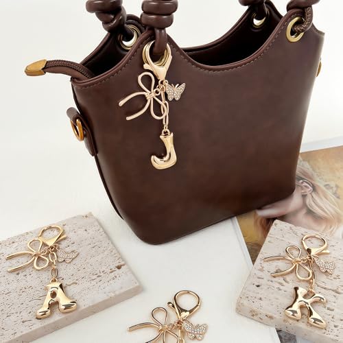 Gold Bubble Heart, Cherry, Bow & More Designs Letter Initial Keychain Bag Charms – Cute Purse Charms for Handbags - color: Bow & Butterfly, style: J