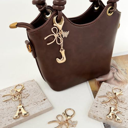 Gold Bubble Heart, Cherry, Bow & More Designs Letter Initial Keychain Bag Charms – Cute Purse Charms for Handbags - color: Bow & Butterfly, style: J