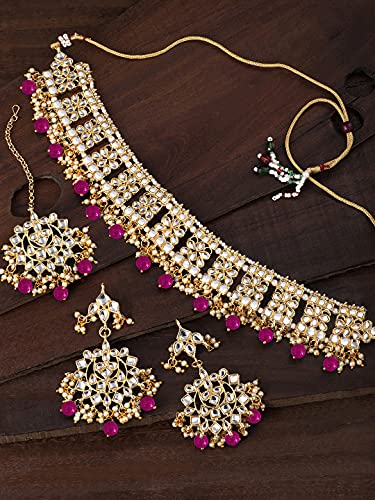 Aheli Elegant Indian Faux Kundan Studded Choker Necklace with Maang Tikka Set Ethnic Wedding Wear Bharatanatyam jewellery set Gift for Women - color: Rani Pink