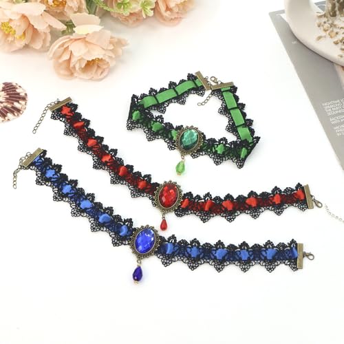 Gothic Lace Choker Vampire Necklace for Women,Black Lace Red Crystal Pendant Necklaces for Halloween,Goth Black Necklace Jewelry Witch Costume Vampire Accessories - style: Style Green