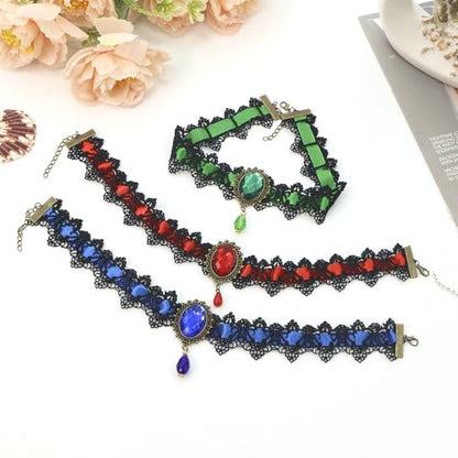 Gothic Lace Choker Vampire Necklace for Women,Black Lace Red Crystal Pendant Necklaces for Halloween,Goth Black Necklace Jewelry Witch Costume Vampire Accessories - style: Style Blue
