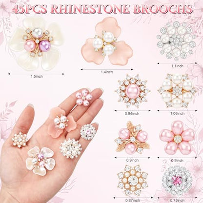 Sureio 45 Pcs Pearl Rhinestone Brooch Lapel Pin Set - color: Pink