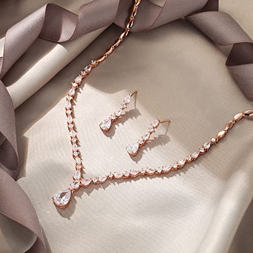 EVER FAITH Pear Shaped Cubic Zirconia Bridal Wedding Jewelry Set for Women | Gorgeous Water Drop Bride Necklace Dangle Earrings, for Bride Bridesmaid - color: Clear Rose Gold-Plated-Brass