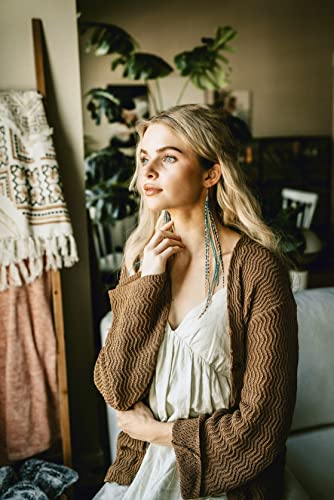 Bohemian handmade long lightweight feather dangle earrings for women - color: Natural & Turquoise