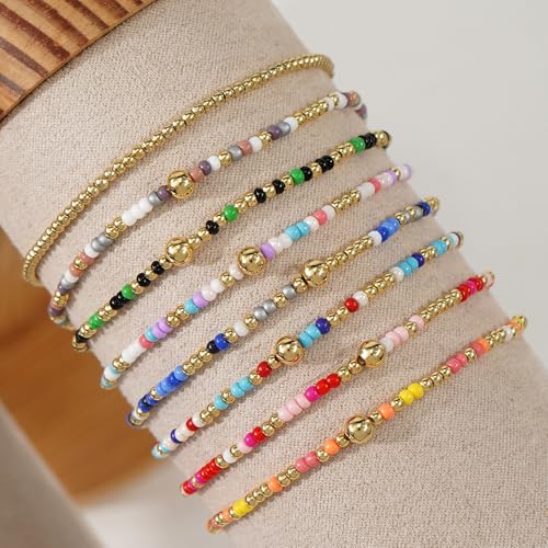 Dainty Gold Plated Beaded Bracelet Stack for Women,Handmade Bohemian Colorful Beads Stackable Stretch Bracelets Fashion Prom Jewelry Accessories Gift Friendship