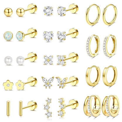 BESTEEL Hypoallergenic Flat Back Earrings - 14K Gold Plated Cartilage Earring Sets 20G Surgical Stainless Steel Earrings for Women Small Hoop Flatback Stud Earring Stacks Helix Conch Tragus Piercing Jewelry - color: 14K Gold Plated