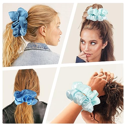 Satin Hair Scrunchies: Cute, Big Pony Tail Holders for Thick, Curly Hair - No Crease, No Damage Hair Ties for Girls and Women - color: Blue