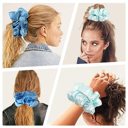 Satin Hair Scrunchies: Cute, Big Pony Tail Holders for Thick, Curly Hair - No Crease, No Damage Hair Ties for Girls and Women - color: Blue