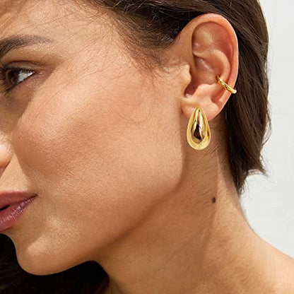 Chunky Gold Hoop Earrings for Women 14k Gold Plated Thick Triple Earrings | Hypoallergenic Trendy Chunky Gold Hoops Earrings,Dainty Jewelry Gifts for Women - style: Gold teardrop earrings