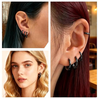 4 Pairs Small Gold Silver Huggie Hoop Earrings for Women Surgical Steel Set | 14K Gold Plated 316L Stainless Steel, 6/8/10/12 mm, Hypoallergenic, Lightweight, Mini Jewelry - color: Black/4 Pairs