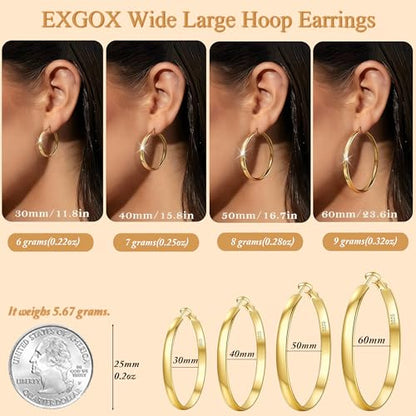 EXGOX 5mm Wide Gold Hoop Earrings for Women,Sterling Silver Hoop Earrings Large Silver Hoop Earrings Hypoallergenic Lightweight 14K Real Gold Plated Big Hoop Earrings for Women 30/40/50/60/70mm - color: Gold Color/50MM