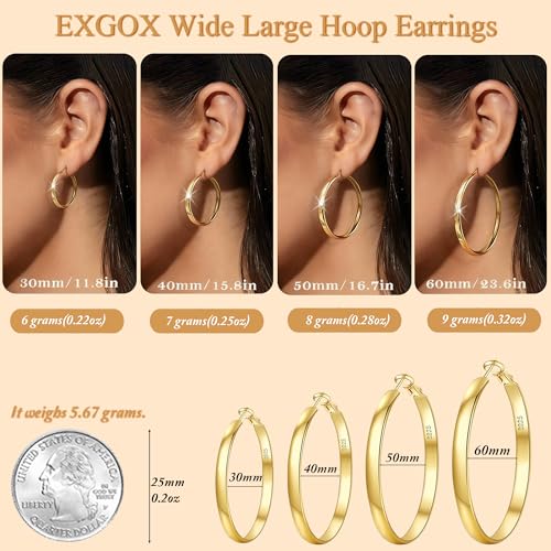 EXGOX 5mm Wide Gold Hoop Earrings for Women,Sterling Silver Hoop Earrings Large Silver Hoop Earrings Hypoallergenic Lightweight 14K Real Gold Plated Big Hoop Earrings for Women 30/40/50/60/70mm - color: Gold Color/50MM