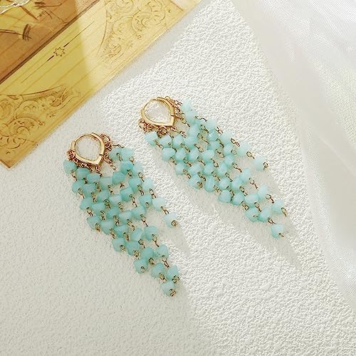 Fringe Hoop Dangle Earrings, Long Beads Tassel Chain Earrings for Women Sparkly Chandelier Earrings - color: Blue
