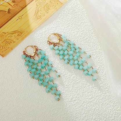 Fringe Hoop Dangle Earrings, Long Beads Tassel Chain Earrings for Women Sparkly Chandelier Earrings - color: Blue