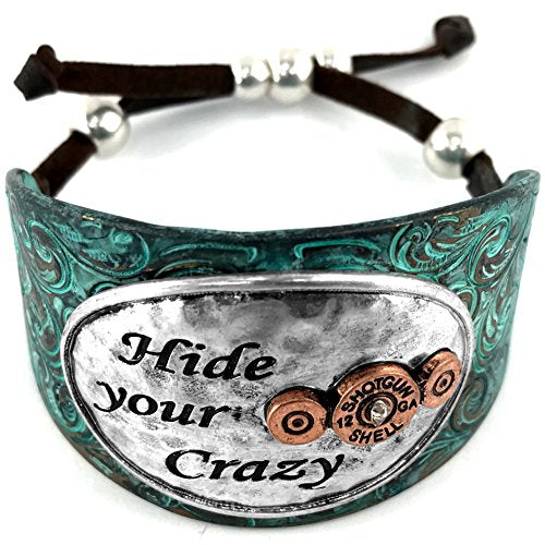 Western Peak Hammered Plate Hide Your Crazy Act Like a Lady 12 Gauge Shotgun Shell Leather Cuff Bracelet Necklace - color: New Patina