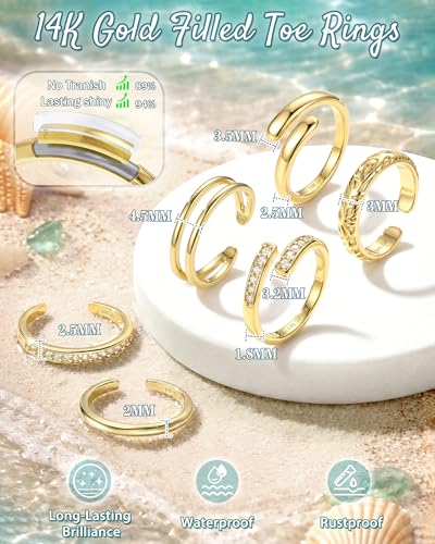 Besteel 6 PCS Toe Rings for Women - 14K Gold Filled Non Tarnish Waterproof | Adjustable Silver Toe Ring Simple Open Band Hug CZ Chunky Flower Toe Rings Set Trendy Summer Beach Foot Jewelry for Women - style: Gold: hug&cz toe ring