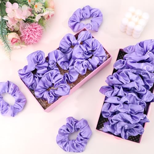 Jaciya Satin Scrunchies for Women Purple Hair Scrunchies Elastic Hair Ties | 24 Pack Elastic Hair Ties for Ponytails and Buns - color: Purple