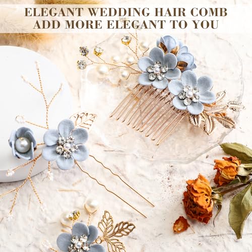 5 Pieces Wedding Hair Comb Bridal Hair Pins Crystal Pearl Accessories Rhinestone Flower Piece for Wedding Bride Women(Light Blue,Fresh Style)