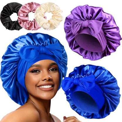 2+3 Large Satin Bonnets with Scrunchies for Women, Hair Bonnet Sleeping Tie Bonnet for Braids Curly Hair - color: J - Purple, Royal