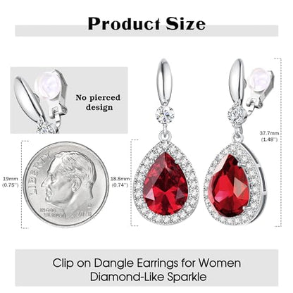 THUNARAZ Clip on Dangle Earrings for Women, Rhinestone Wedding Prom Jewelry | Clip Earrings Non-Pierced, Teardrop Dangle Earrings, Crystal Drop Earrings, Elegant Rhinestone Jewelry for Bride Bridesmaid - color: Silver Tone/Red Stone