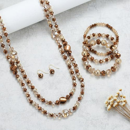 Trendy Infinity Wrap 60’’ Long Statement Necklace, Earrings and Bracelet Set - Hand Knotted Versatile Crystal and Shell Beads Strand Necklace and Chunky Beaded Stretch Bracelet Stack – Jewelry Set Gift for Women - color: Brown