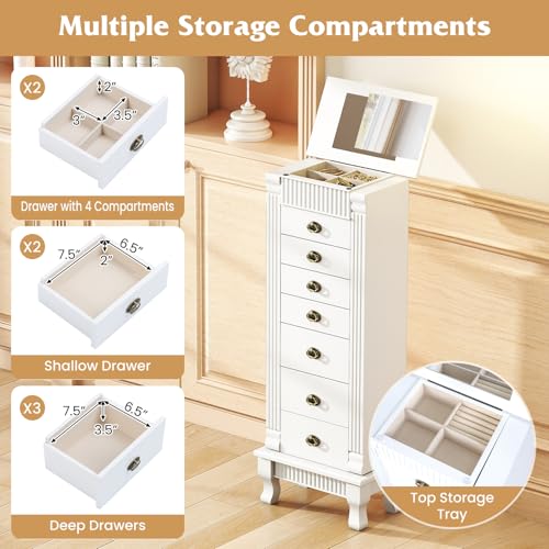 Giantex Standing Jewelry Cabinet with 7 Drawers, Flip-Top Mirror, 2 Side Doors with 12 Necklace Hooks, Divided Ring Compartments, Velvet-Lined Jewelry Armoire Organizer Chest (White) - color: White