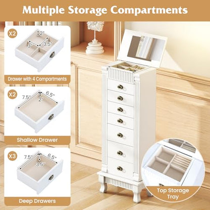 Giantex Standing Jewelry Cabinet with 7 Drawers, Flip-Top Mirror, 2 Side Doors with 12 Necklace Hooks, Divided Ring Compartments, Velvet-Lined Jewelry Armoire Organizer Chest (White) - color: White